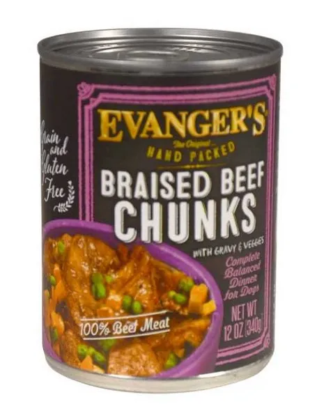 12/12 oz. Evanger's Super Premium Braised Beef Chunks With Gravy For Dogs - Treat